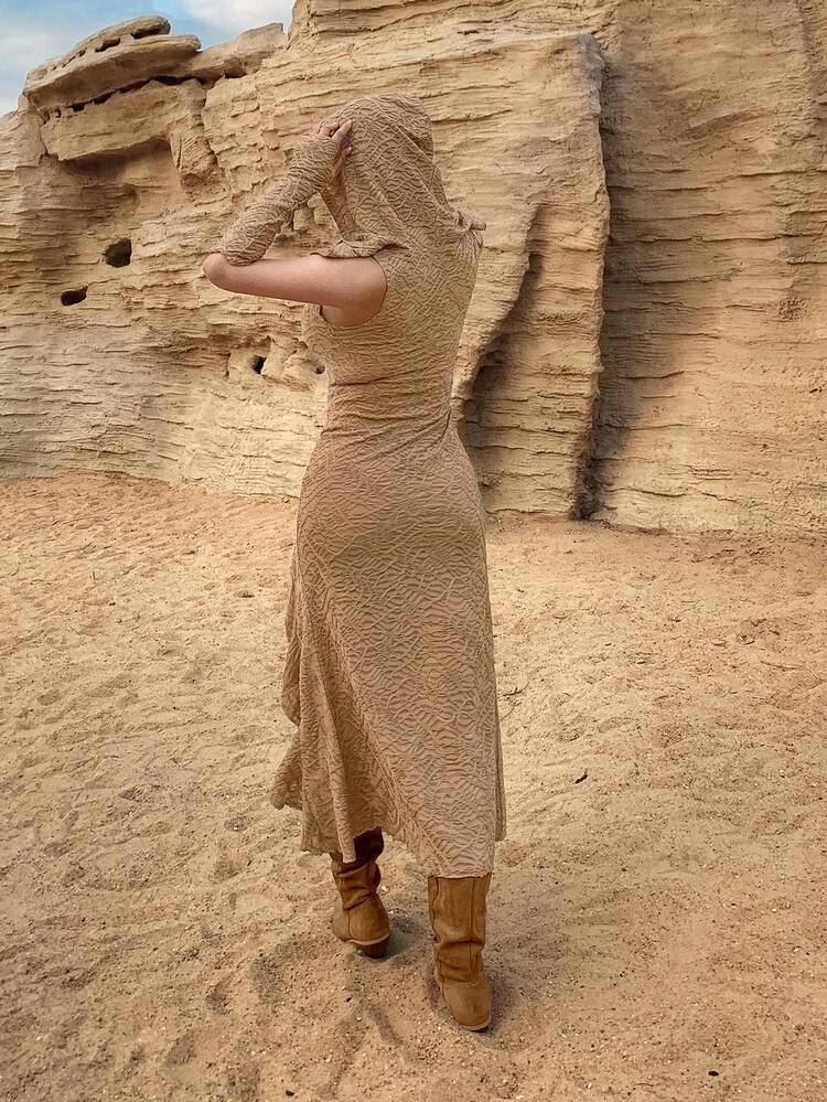 Women's Elegant Asymmetric Ruffle Hem Midi Dress, Textured Fabric, Summer Sundress