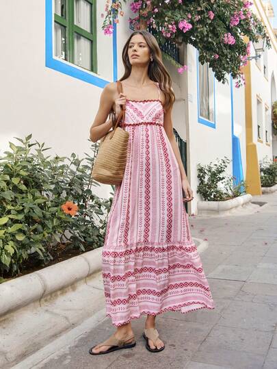Nöista Lightweight Pink Boho Maxi Dress With Fuchsia Print And Spaghetti Straps. Ideal For Beach Outfits For Women Or Airport Outfit Women. Loose Fit For Comfort And Summer Vacation Vibes.