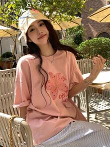 DAZY Áo thun nữ cổ tròn tay ngắn kiểu Hàn Quốc, in họa tiết, thích hợp mặc mùa hè. - Hồng - Xem 9