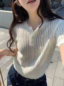 DAZY Women's Solid Color Knit Top, Versatile Korean Style, Spring/Summer Golf White Basic - White - View 3