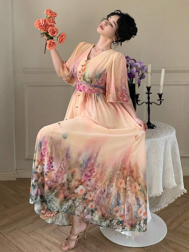 V-Neck Ditsy Floral Waist Cinched Long Dress, Fashionable & Age-Reducing Sundress