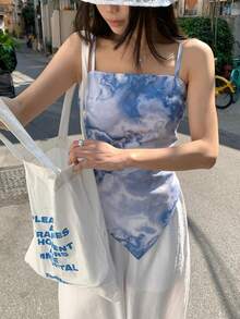 DAZY 女士 Y2K 扎染印花不对称下摆吊带背心 - 藍色 - 查看 7