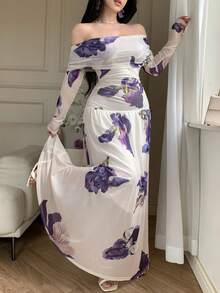 DAZY 优雅女士露肩紫色长裙 - 紫色 - 查看 5