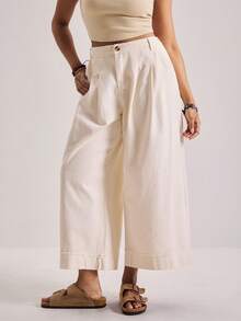 Freevana 大码女式高腰带口袋褶皱阔腿宽松休闲牛仔裤 - 米色 - 查看 7