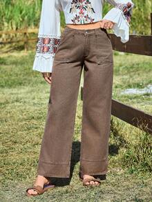 EMERY ROSE Women's Vacation Casual Washed Straight Leg Jeans - Khaki - View 1