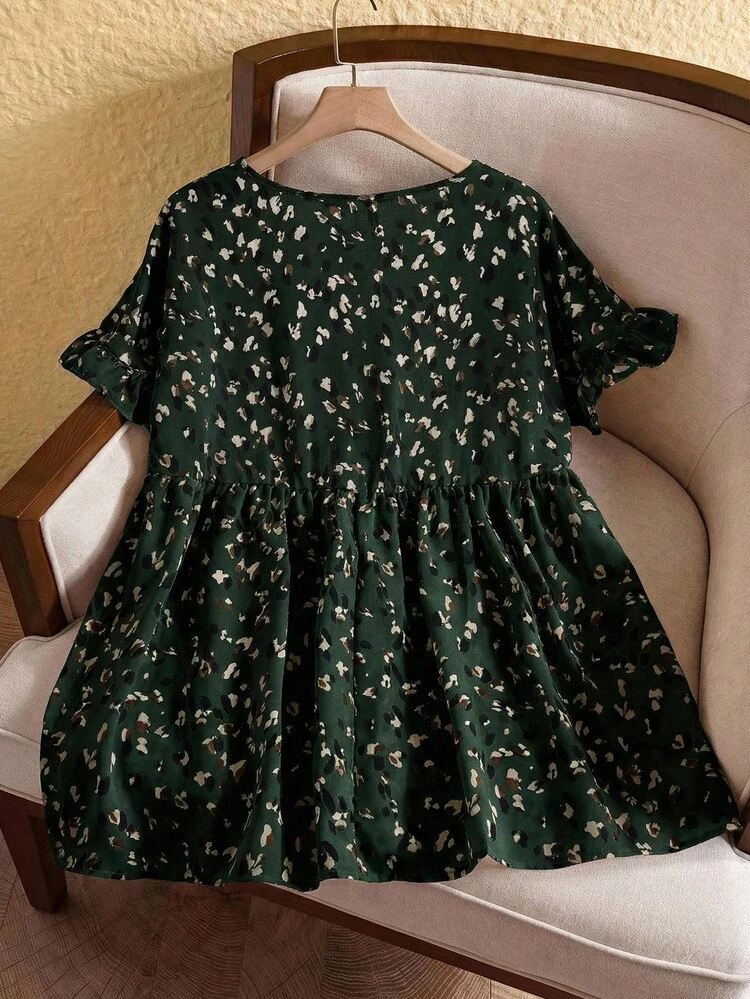 Plus Size Casual Resort Style Ruffled Sleeve Allover Print Blouse, Summer,Tropical Vacation, Going Out Tops