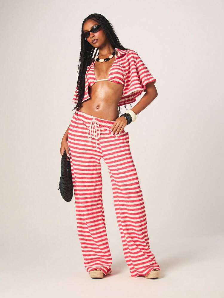 MISSGUIDED Crop Fit Women's Striped Crochet Bikini Set With Cover Up Shirt And Wide Leg Pants Summer Beach Vacation Swimwear