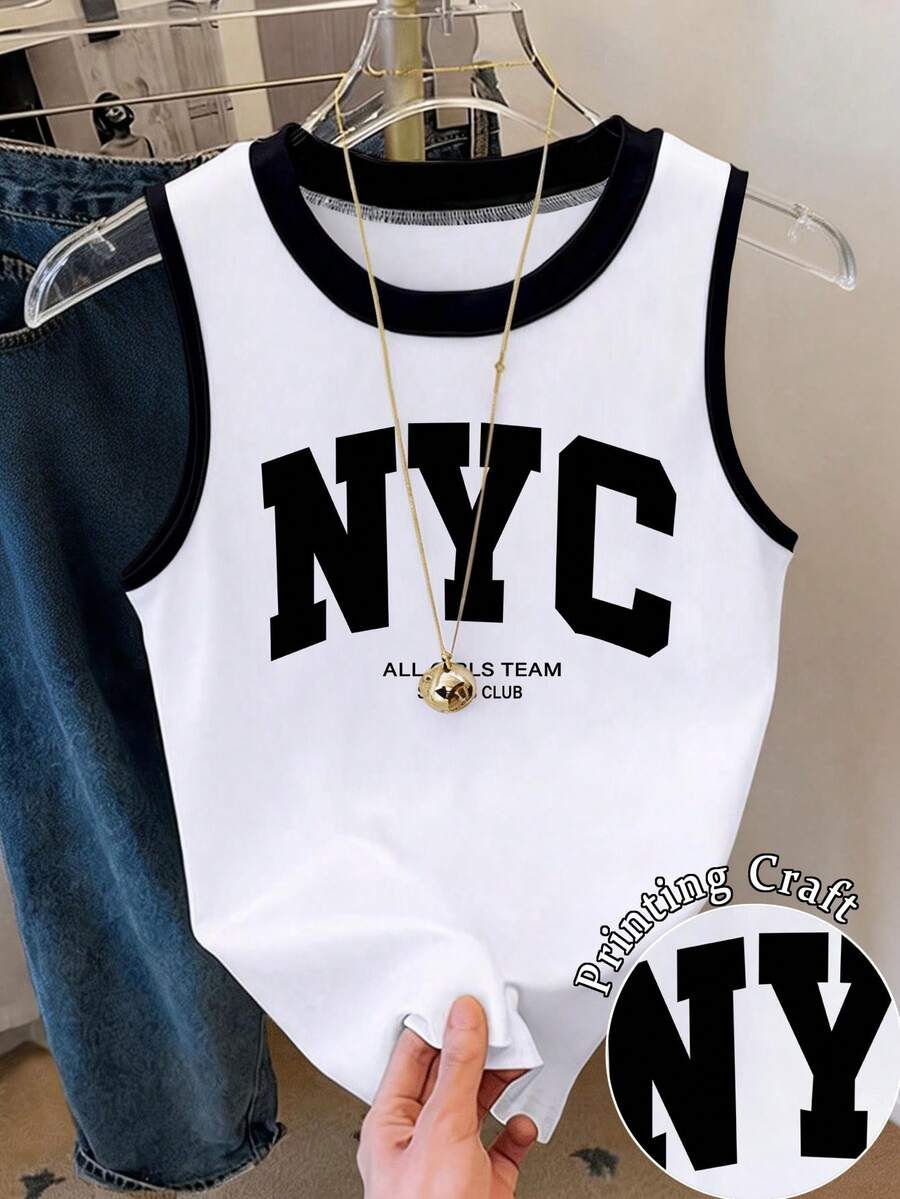 Resyla Women's Letter Print Contrast Color Round Neck Casual Tank Top - Multicolor - View 1