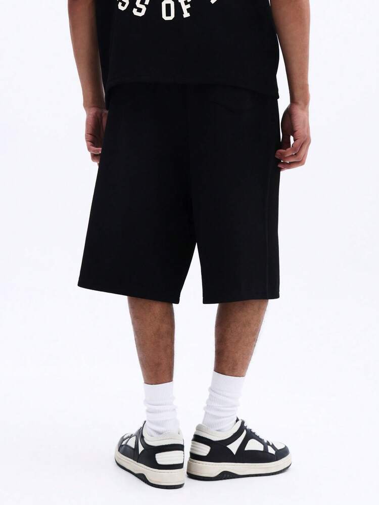 SUMWON Herren Relaxed Knie-lange schwarze Jorts mit kontrastierendem Kordelzug und Seitentaschen, lässige, weite Denim-Shorts für den Sommer