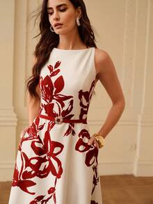 ZEYLAH Elegant Waist Cinched Floral Print Flare Dress, Spring/Summer - Apricot - View 1