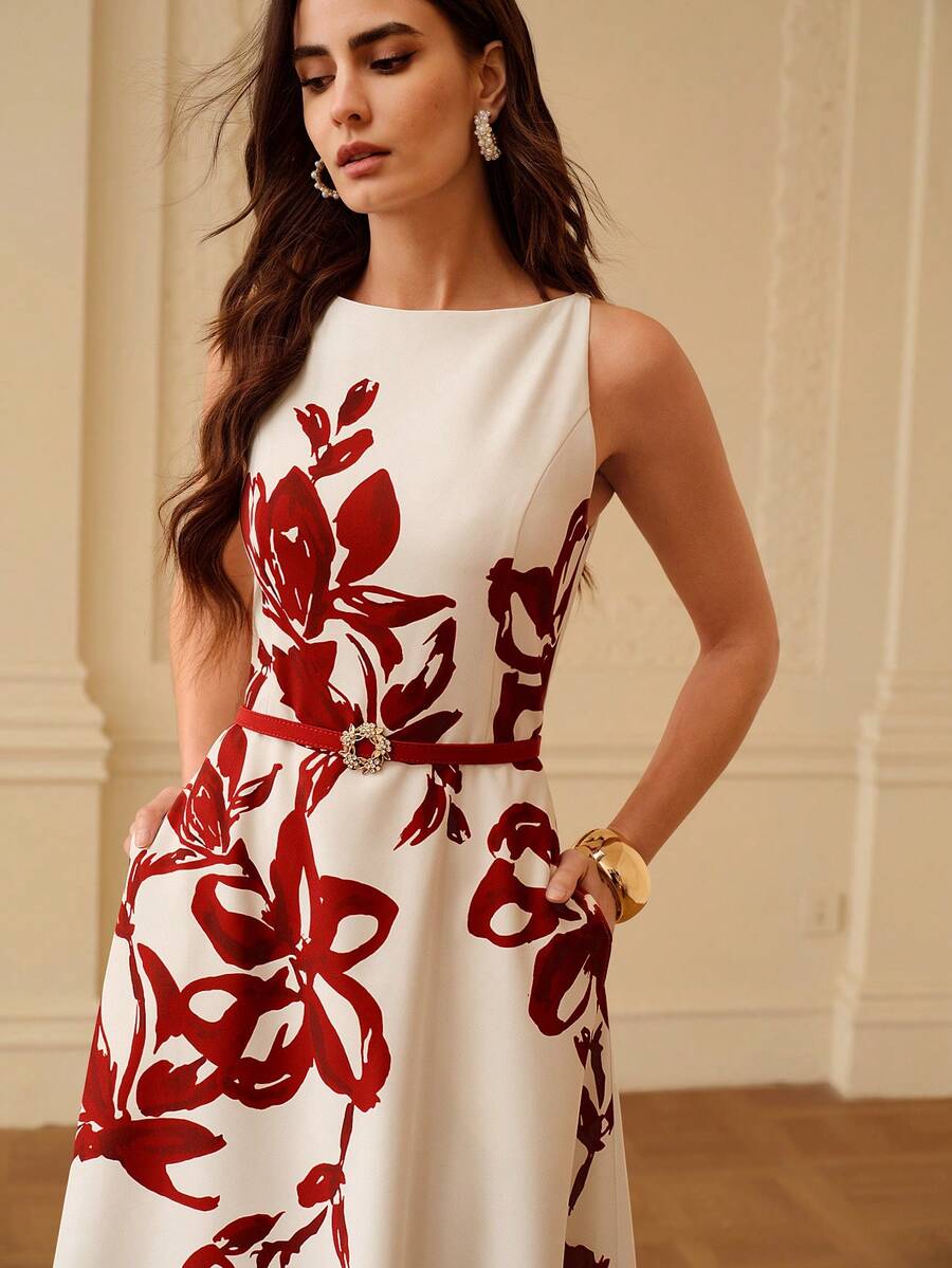 ZEYLAH Elegant Waist Cinched Floral Print Flare Dress, Spring/Summer - Apricot - View 1