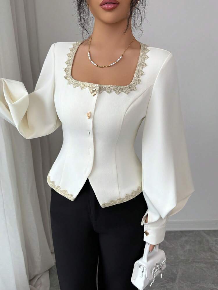 Women's Elegant Lace Patchwork Square Collar Lantern Sleeve Blouse, Spring Summer Babydoll Top