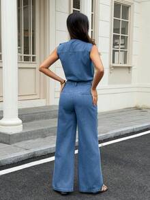 DAZY 女士休闲水洗无袖口袋牛仔连体裤，春夏款 - 中等水洗藍 - 查看 2