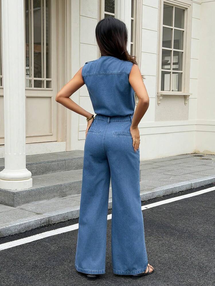 Women's Casual Washed Sleeveless Pocket Denim Jumpsuit, Spring/Summer, Wedding Guest Women Jumpsuit Lounge Sets For Women
