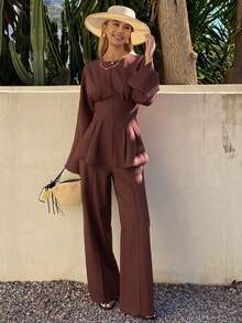 DAZY 女士休闲纯色系带衬衫和阔腿裤两件套，春夏款 - 咖啡棕 - 查看 3