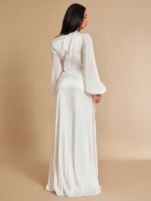 Silquee 女士优雅派对纯色镂空不对称下摆上衣和超长裙两件套 - 白色 - 查看 2