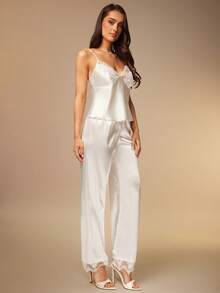 Silquee 蕾丝边细肩带短裤和长裤 3 件套睡衣套装睡衣套装白色套装 - 白色 - 查看 4