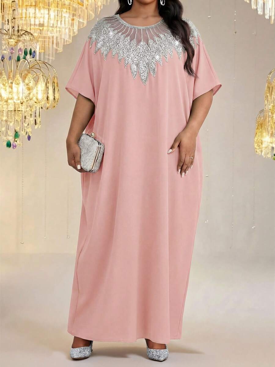 SHEIN Lady Đầm dạ hội thanh lịch cỡ lớn đính sequin lấp lánh - Bụi hồng - Xem 1