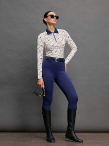 Activina Top de manga larga con media cremallera y estampado de cadena para mujer, estilo ecuestre - Multicolor - Ver 6