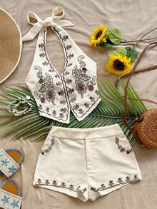 Soleia Bộ đồ hai mảnh không tay kiểu vintage buộc dây cổ cho nữ, thời trang mùa hè. - Nhiều màu - Xem 1