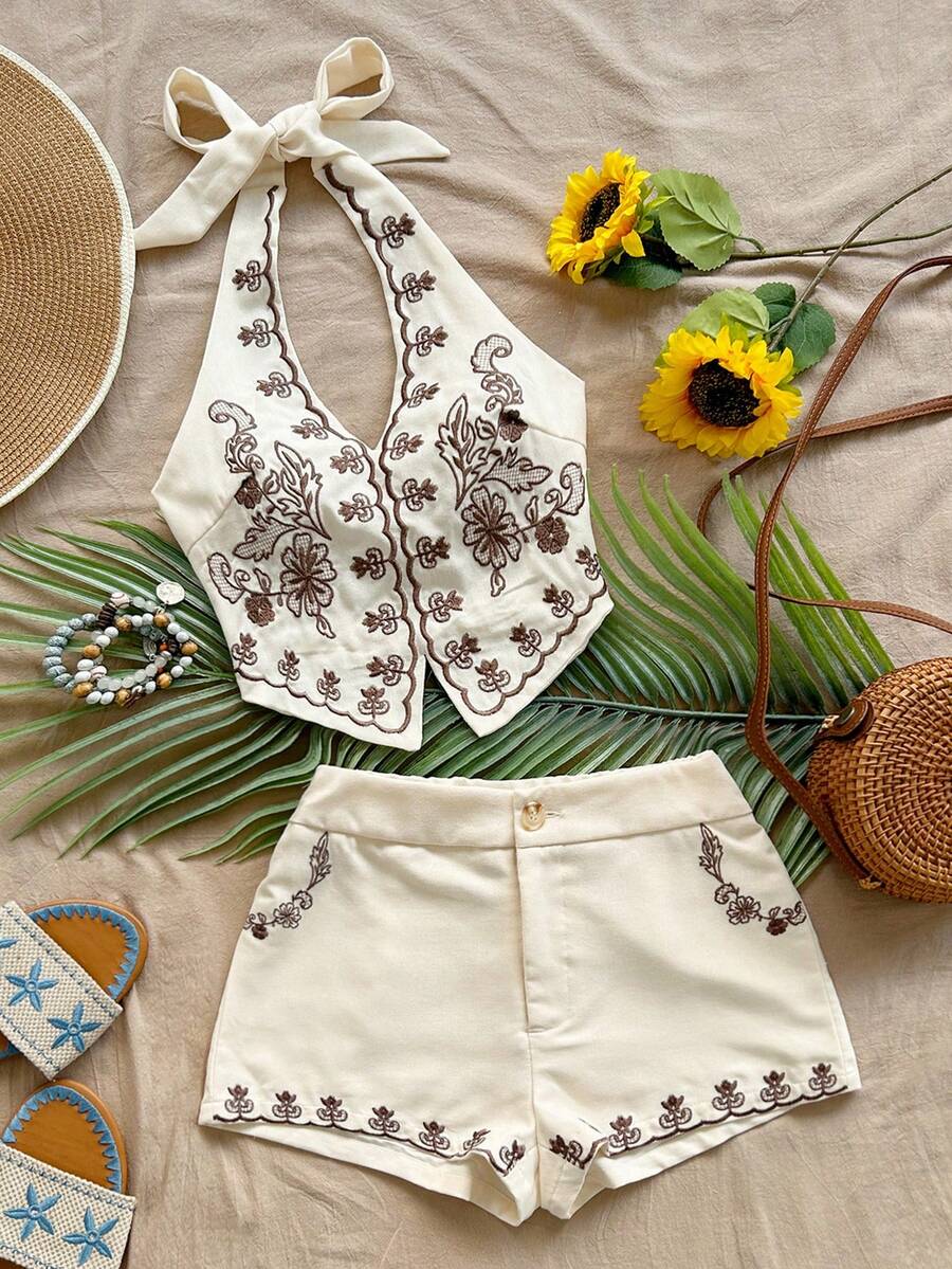 Soleia Bộ đồ hai mảnh không tay kiểu vintage buộc dây cổ cho nữ, thời trang mùa hè. - Nhiều màu - Xem 1