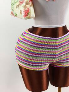 Amplova Beach Vacation Outfit - 3D Star Decor Mesh Tank Top & Colorful Striped Shorts Set For Women Two Piece Spring Set Festival Two Piece Outfit Summer 2 Piece Set Beach 2 Piece Set - Multicolor - View 6