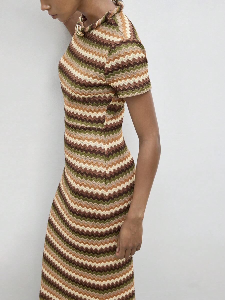 Maija 女士条纹修身休闲短袖中长连衣裙 - 彩色 - 查看 1