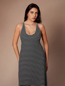 Lazeform 大码休闲条纹露背修身长款睡裙 - 黑與白 - 查看 3
