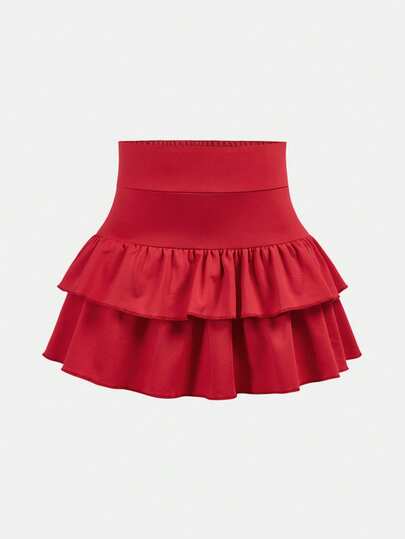SHEIN Girlism Tween Girls Knitted Solid Color Cute Ruffle Layered Built-In Shorts Mini Skirt, Y2K Fashion, Back To School