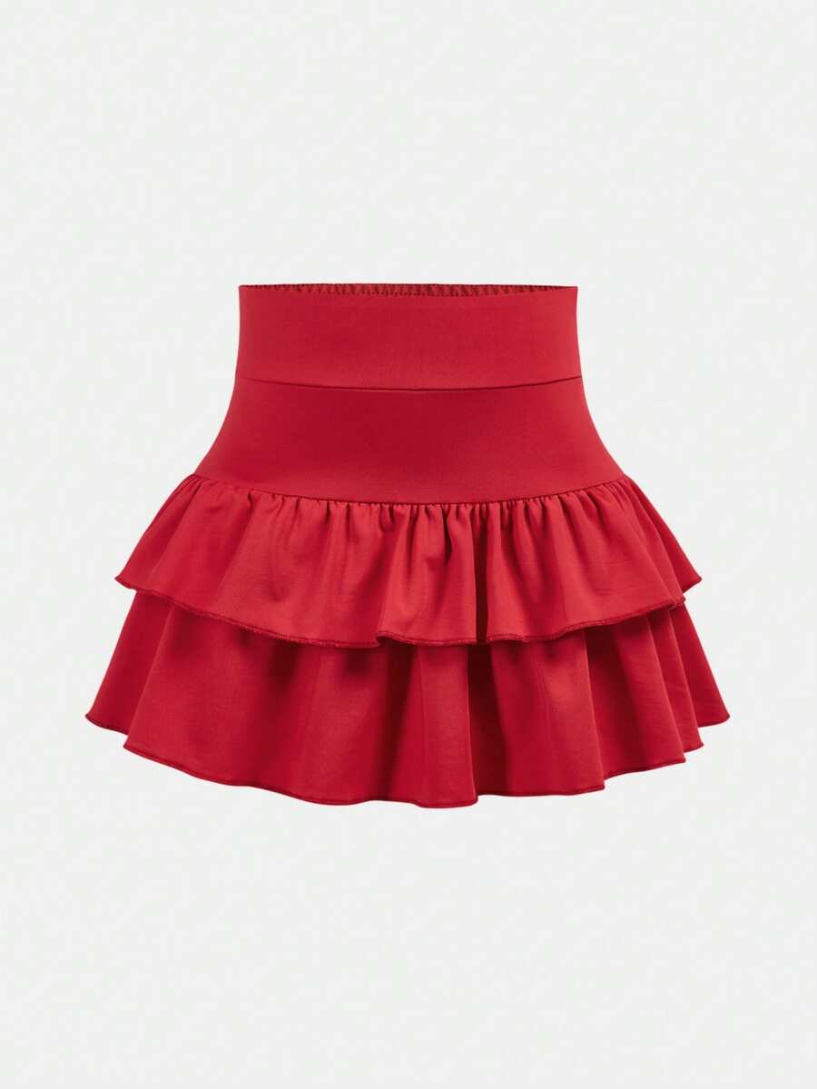 SHEIN Girlism Váy ngắn dệt kim màu trơn dễ thương có bèo nhún xếp lớp bên trong dành cho bé gái tuổi teen, phong cách Y2K, thích hợp cho mùa tựu trường. - Đỏ - Xem 1
