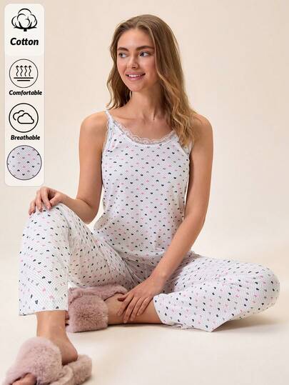 Loomlin Women Cotton 2Pcs Contrast Colour Lace Detail V Neck Colourful Polka Dot&Heart Pattern Sleep Top& Long Sleep Pants Homewear Comfort Casual Lounge Pajama Set
