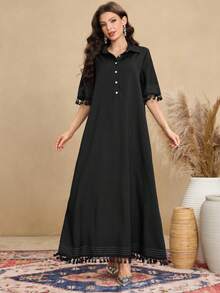 Al Najma Women's Retro Fringe Design Shirt Collar Short Sleeve Dress, Casual Arabic Style - Black - View 5