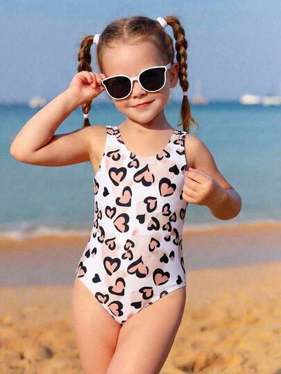 Young Girls One-Piece Swimsuit, New Leopard Print Heart Pattern, Multicolor, Sports, Lively, Cute, Energetic, Suitable For Swimming, Vacation, Summer, Beach, Pool, Photography, Gift, Water Park, Spa Girls Leopard Swimsuit Girls Cheetah Print Swimsuit Kids One Piece Swimsuit Girls Heart Print Swimsuit Kids Beachwear Girls Leopard Print Swimsuit Girls Swimwear Beachwear Kids Kids Bathing Suit Animal Print Bathing Suit Girls Swimsuit