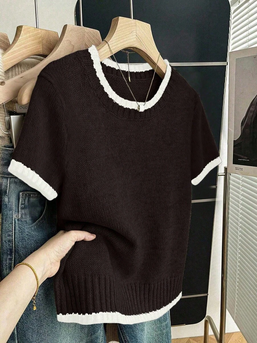 SHEIN Franclia Nueva blusa de punto elegante de verano con parches y contraste de colores para mujer - Café integral - Ver 1