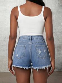 Slaydiva 女士口袋纽扣做旧毛边休闲百搭日常牛仔短裤 - 藍色 - 查看 6