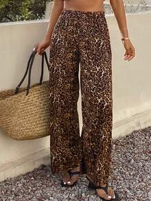 DAZY 女士弹力腰宽松直筒裤，休闲街头风豹纹印花长裤 - 咖啡棕 - 查看 5