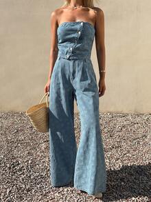 DAZY Women's Casual Denim Camisole Top And Pants Set, Blue Textured, Summer - Blue - View 3