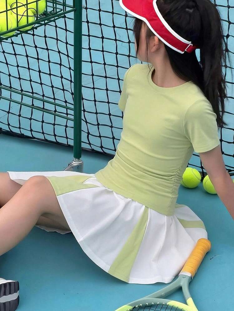 Tween Girl Solid Color Short Sleeve T-Shirt And Contrast Color Skirt Sports Set Summer