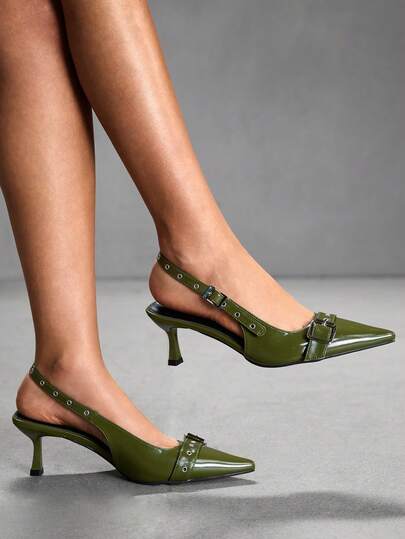 CUCCOO SZL 1 Pair Olive Green Pointed Toe Stiletto Buckle Strap High Heel Sandals, Chic And Mature Style, With Metal Buckle And Adjustable Strap, Suitable For Young Women To Wear To Work Or Dates