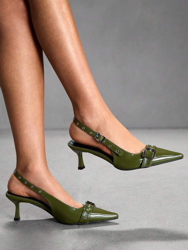 CUCCOO SZL 1 Pair Olive Green Pointed Toe Stiletto Buckle Strap High Heel Sandals, Chic And Mature Style, With Metal Buckle And Adjustable Strap, Suitable For Young Women To Wear To Work Or Dates
