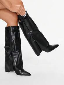 Glitzique Fall/Winter 2025 Spring/Summer New European & American Pointed Toe Tall Boots Women, Slim Fit Straight Leg Shaft Boots, Wedge Heel Riding Boots - Black - View 2