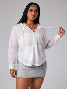 Rhythm Era Plus Size Women's Solid Color Drop Shoulder Long Sleeve Zipper Front Drawstring Hooded Sports Jacket - White - View 4