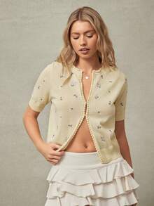 WESTFADE Áo khoác cardigan cổ tròn tay ngắn thêu hoa phối họa tiết bong bóng, thích hợp mặc mùa xuân, nghỉ dưỡng, hè, đi biển, lễ hội, hội chợ Stagecoach, Coachella, thường ngày, dễ thương, phong cách Boho, Nashville, cao bồi, rodeo, trang phục đi xem hòa nhạc đồng quê, trang phục miền Tây cho nữ. - Màu be - Xem 3