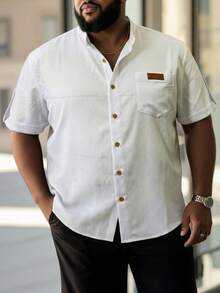 DRIVNCORE Plus Size Men's Fashion Simple Solid Color Loose Casual Short Sleeve Shirt, Classic Personalized Solid Striped Textured Stand Collar, Contrast Buttons, Commuter Street Style Summer T-Shirt - White - View 2