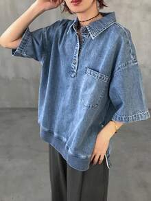 Women's Button Half-Placket Drop Shoulder Loose Pocket Denim Blouse - Blue - View 5