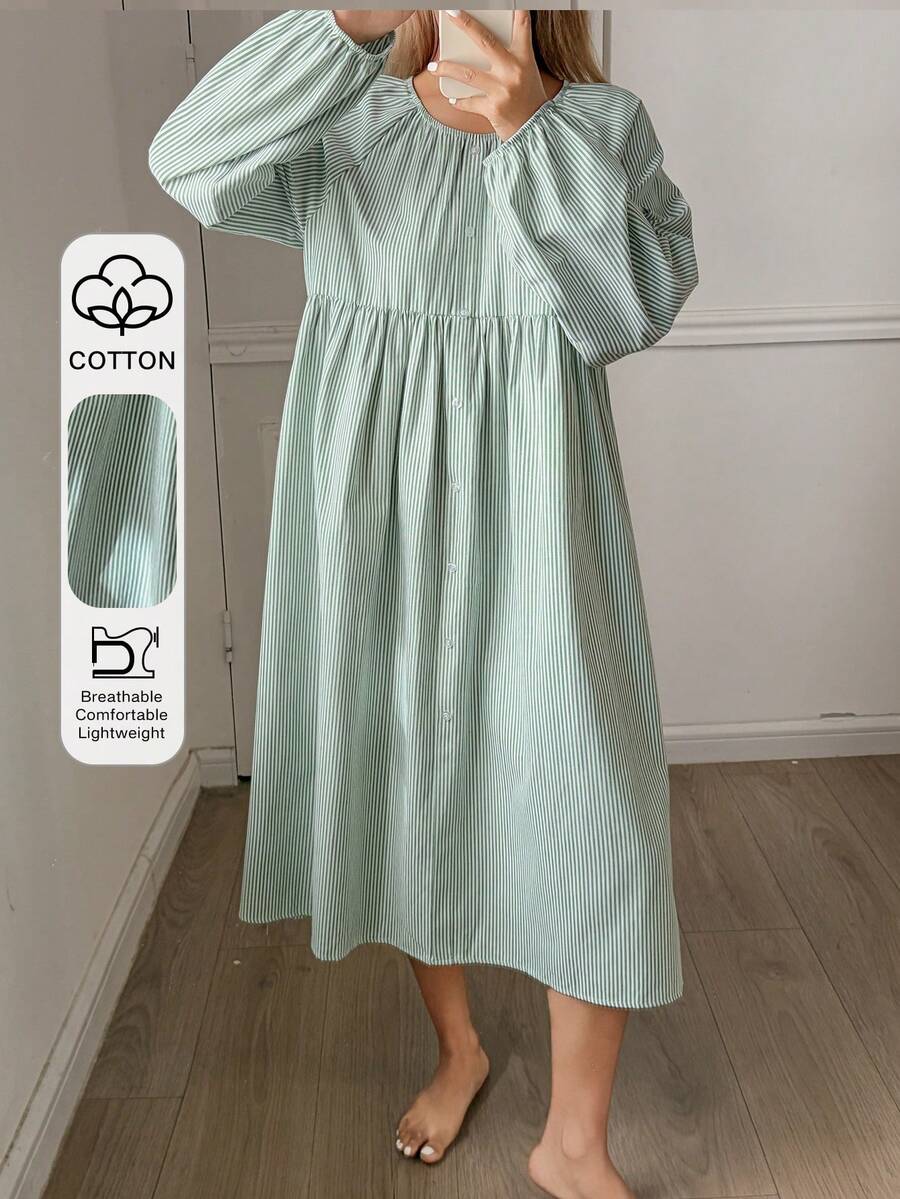 DAZY 清新绿色条纹褶皱领宽松灯笼袖女士睡裙 - 綠色 - 查看 1