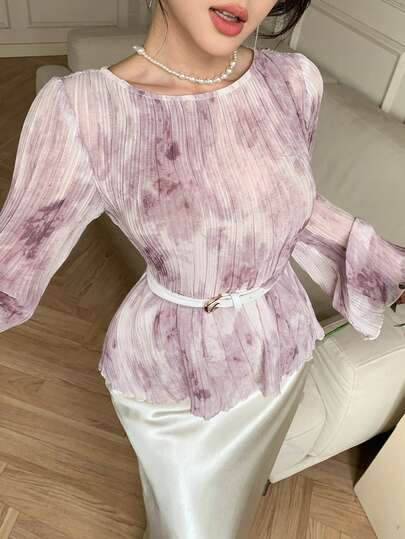 DAZY 法式复古印花圆领T恤，喇叭袖设计，修身女式上衣