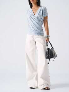 LYSMO 2026 New Arrive Minimalism Spring/Arrivel Women's Casual Polka Dot Print Wrap T-Shirt, Summer/ Summer Outfits /Summer Tops/Summer Clothes/ Summer Outfit For Women/Spring Outfit Women/Beach Outfit For Women/ Beach Vacation Outfits For Women /Weddings & Events /Graduation Ceremony/Going Out Tops/Going Out Tops For Women /Going Out Outfits /Going Out /Birthday Outfits For Women/ Elegant Women's Blouses /Vacation Outfits Women /Holiday Outfits For Women/Summer Holiday Outfits/Vacation Outfits For Women /Beach Vacation Outfits For Women / Casual Blouses For Women / Casual Outfit For Women / Women's Social Blouse/Formal Attire For Women /Polka Dot / Polka Dot Top/ Blue Top /Y2K/BOHO - Multicolor - View 3
