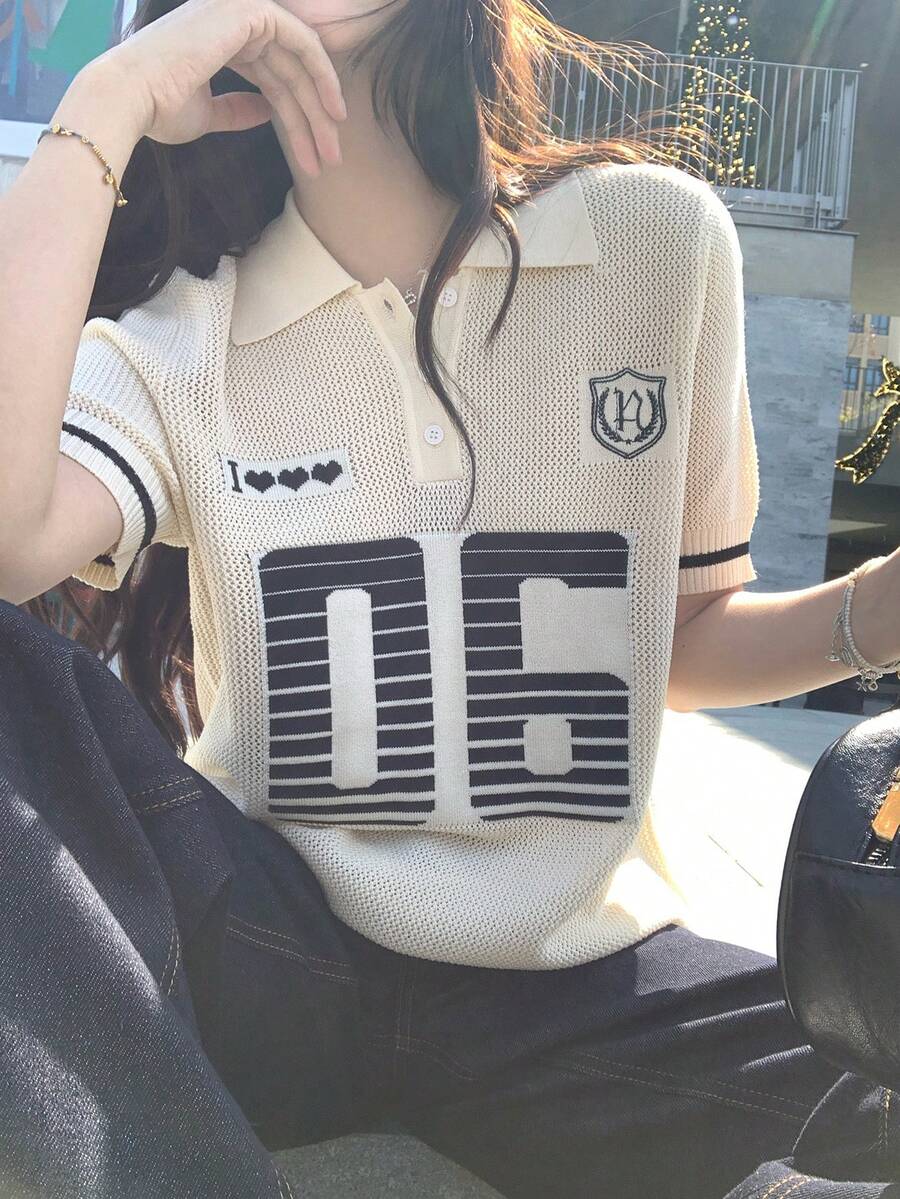 DAZY Blusa de punto de manga corta con patrón numérico casual para mujer, primavera/verano - Albaricoque - Ver 1