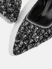 CUCCOO TILAWA Giày cao gót mũi nhọn màu đen đính kim cương mới, gót mảnh, phối cùng sandal, thích hợp cho tiệc tùng, dạ hội, đám cưới, thanh lịch. - màu đen - Xem 6